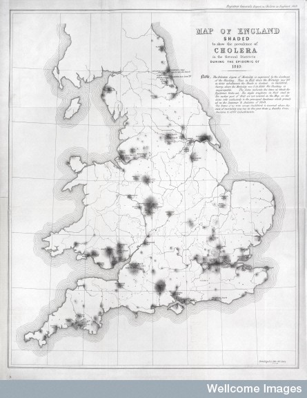 L0039174 Map of England showing prevalence of cholera, 1849