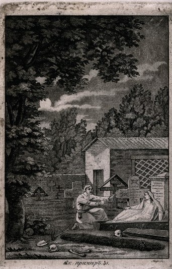 V0042296 A gravedigger observes the resurrection of a dead woman. Aqu